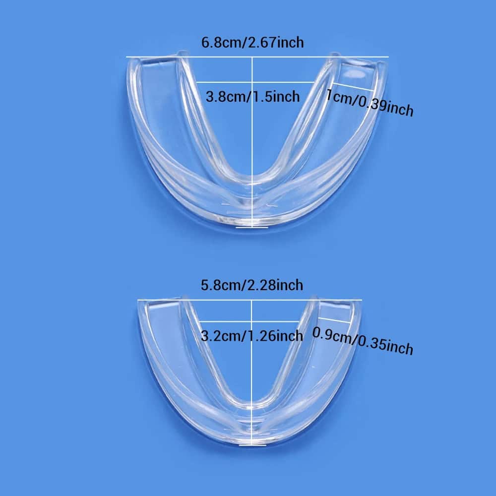 Clear dental mouthguard with precise measurements for custom fit, ideal for teeth protection and orthodontic treatment, from Monalisa Medical Store.