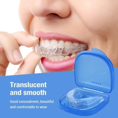 Clear Invisalign aligner being fitted for teeth straightening, with transparent orthodontic device and case, emphasizing discreet and comfortable dental orthodontics from Monalisa Store.