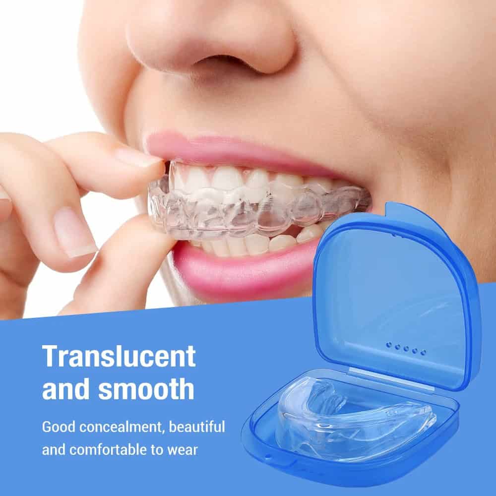 Clear Invisalign aligner being fitted for teeth straightening, with transparent orthodontic device and case, emphasizing discreet and comfortable dental orthodontics from Monalisa Store.