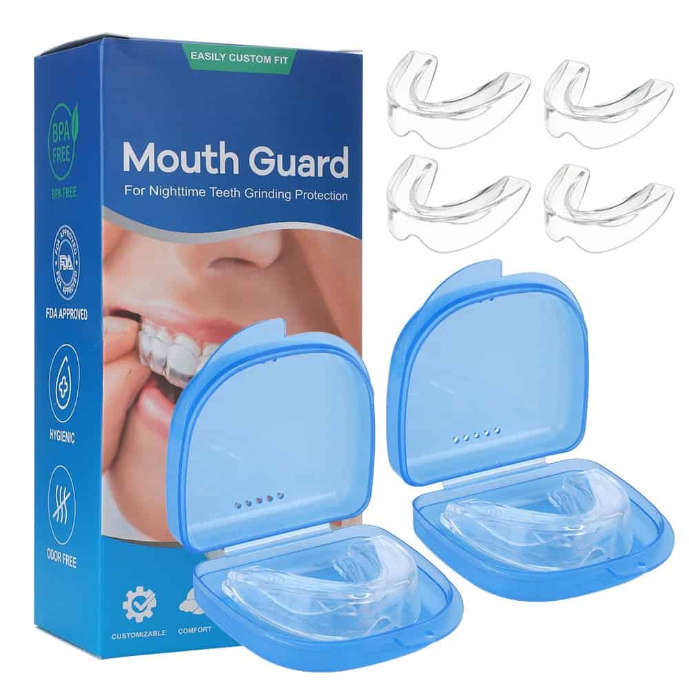 Comfortable, customizable mouth guard for nighttime teeth grinding protection, BPA-free and FDA approved, ideal for sleep disorder relief, with easy-to-fit design and hygienic storage case.