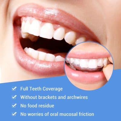 Clear dental aligners for full teeth coverage, without brackets or archwires, offering comfortable orthodontic treatment. Suitable for all ages, eliminating food residue and oral friction worries.