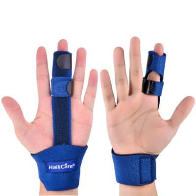 Soft padded blue finger splint supports for finger injury rehabilitation, providing stabilization and comfort for post-surgical or sprain recovery. Adjustable straps ensure a secure fit.