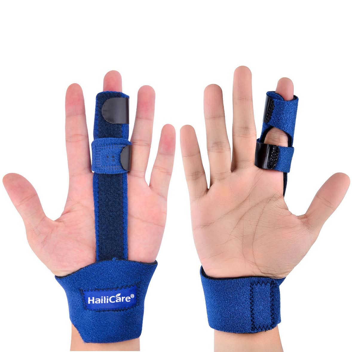 Soft padded blue finger splint supports for finger injury rehabilitation, providing stabilization and comfort for post-surgical or sprain recovery. Adjustable straps ensure a secure fit.