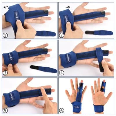 Elastic finger splint for injury recovery, adjustable support, breathable material, easy to wear for thumb and finger stabilization, ideal for sports or trauma-related finger injuries.