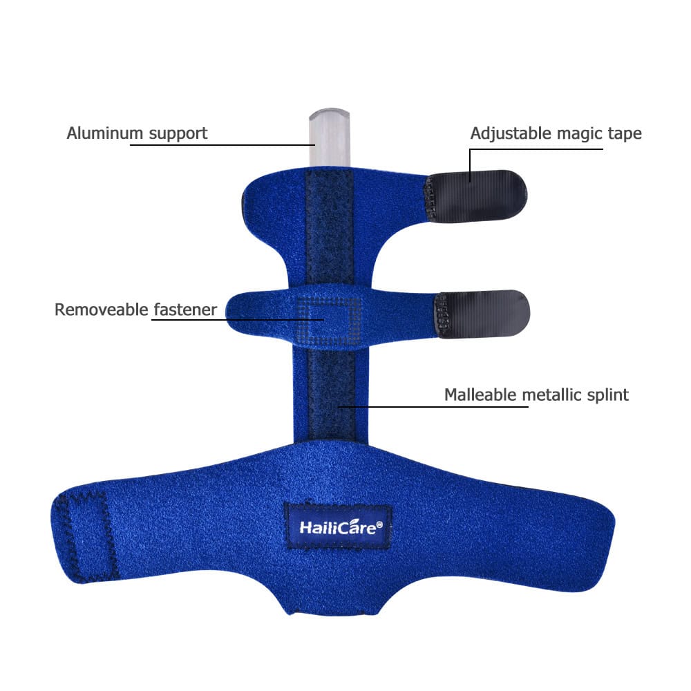 Comfortable blue orthopedic hand support with adjustable magic tape and removable fastener, featuring aluminum support and moldable metallic splint for enhanced stability and wrist protection.
