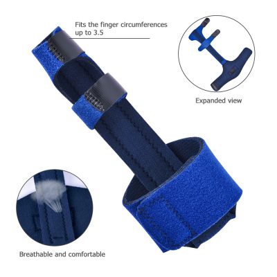 Adjustable blue wrist brace with breathable strap and velcro closure for wrist support, fits finger circumferences up to 3.5 inches, designed for optimal comfort and stability during recovery or activity.