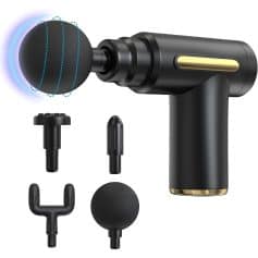 Deep tissue massage gun with replaceable attachments for muscle recovery and pain relief. Suitable for athletes and home use, with ergonomic design and quiet operation.