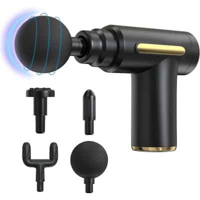Deep tissue massage gun with replaceable attachments for muscle recovery and pain relief. Suitable for athletes and home use, with ergonomic design and quiet operation.