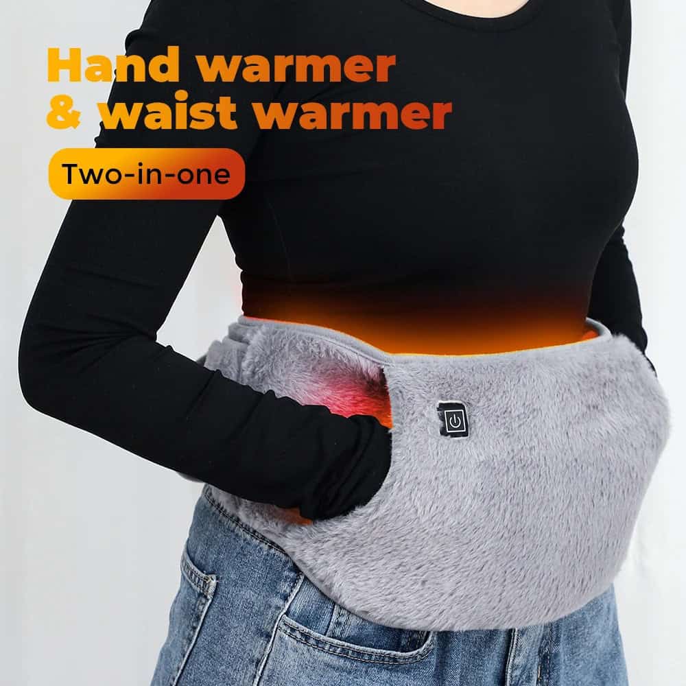 Heated hand warmer and waist warmer in a cozy plush design, ideal for cold weather relief, featuring easy touch control for quick heat adjustment, perfect for outdoor activities or personal comfort.