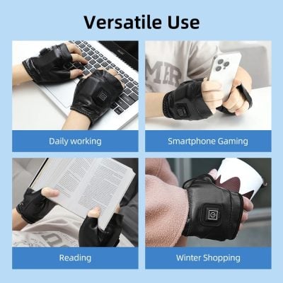 Comfortable black heated gloves used for daily work, gaming, reading, and winter shopping, providing warm fingertip touch and style for men and women.