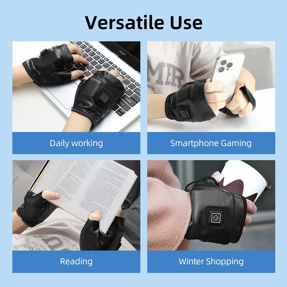 Comfortable black heated gloves used for daily work, gaming, reading, and winter shopping, providing warm fingertip touch and style for men and women.