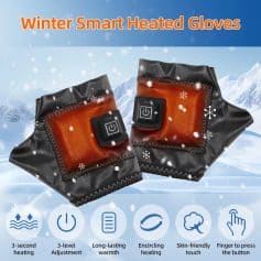 3. Heated winter gloves with touchscreen compatible control, adjustable warmth levels, and insulation for icy weather protection.