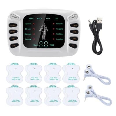 Wireless electronic muscle stimulation device for pain relief and muscle therapy at Monalisa Store, featuring multiple pads and cables for targeted treatment.