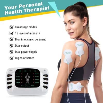 Portable electrical muscle stimulation device for pain relief and muscle toning, featuring 8 massage modes, 15 intensity levels, biomimetic micro-current, dual output, dual power supply, and a large color screen.