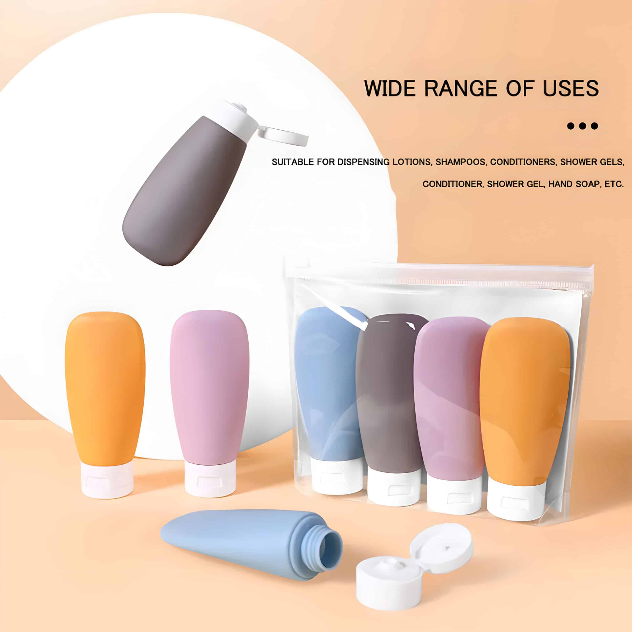 Vase-style pump bottles in pastel colors for dispensing lotions, shampoos, conditioners, shower gels, and hand soaps, ideal for beauty and skincare products.