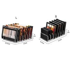 Organizing acrylic display stands for makeup and cosmetics, featuring versatile sizes for palettes and accessories, ideal for beauty salons, stores, and makeup artists.