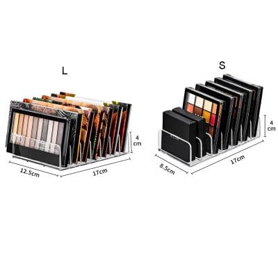Organizing acrylic display stands for makeup and cosmetics, featuring versatile sizes for palettes and accessories, ideal for beauty salons, stores, and makeup artists.