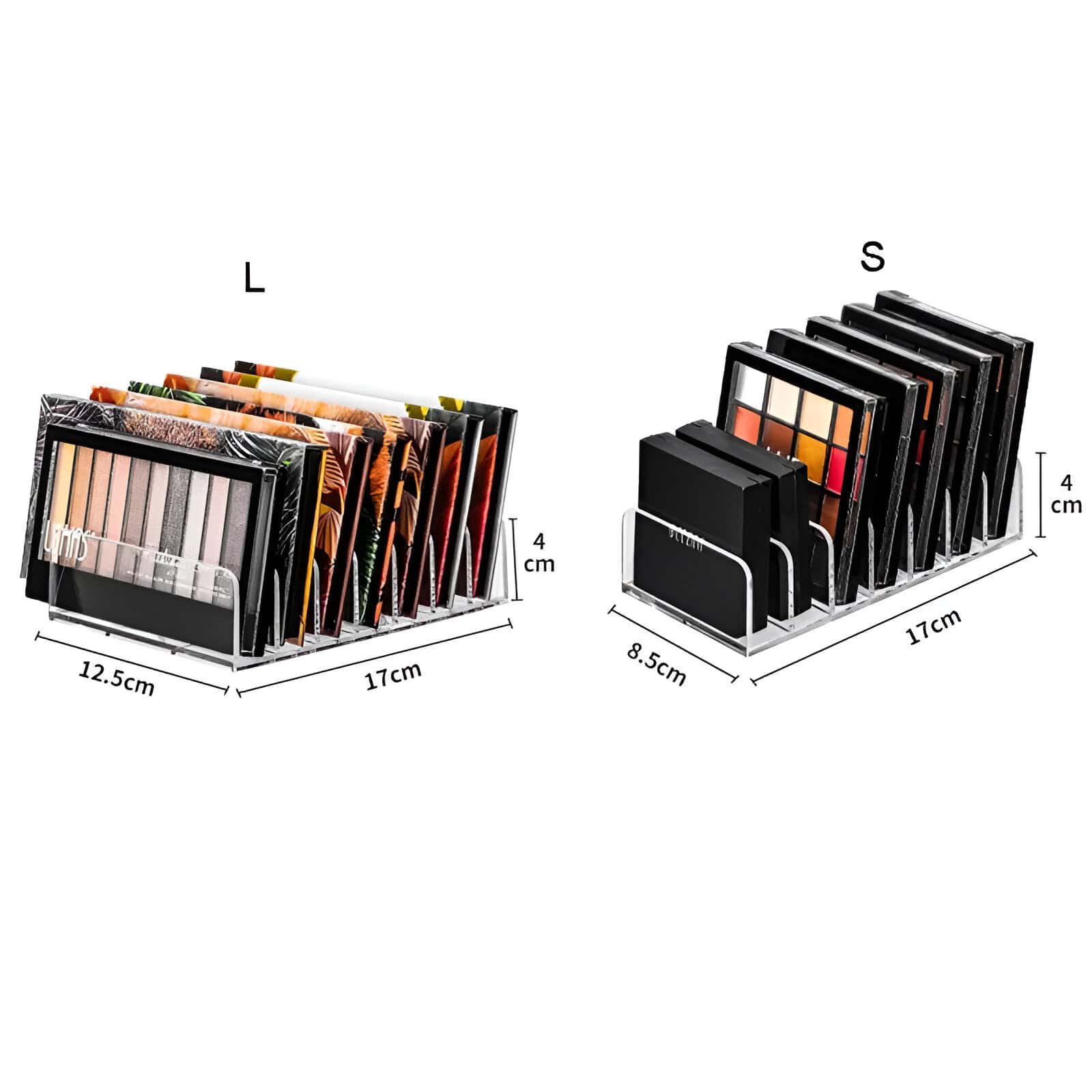 Organizing acrylic display stands for makeup and cosmetics, featuring versatile sizes for palettes and accessories, ideal for beauty salons, stores, and makeup artists.