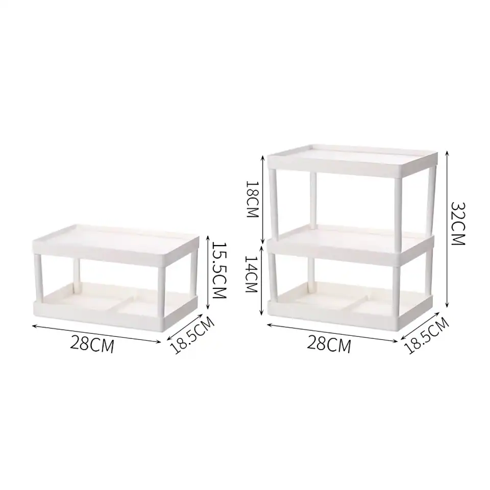 Elegant white multi-tier storage trolley, ideal for home or office organization, measuring 28cm x 18.5cm x 15.5cm, with a sturdy design and versatile use.