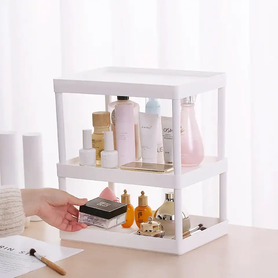 Luxurious skincare products displayed on a modern white tiered stand, perfect for organizing beauty and skincare essentials at Monalisa Store, a premier destination for cosmetic and skincare needs.