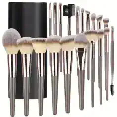 Brush set with makeup brushes and tools in silver handles, ideal for professional cosmetic applications. High-quality bristles designed for flawless makeup application. Perfect for beauty enthusiasts and makeup artists.