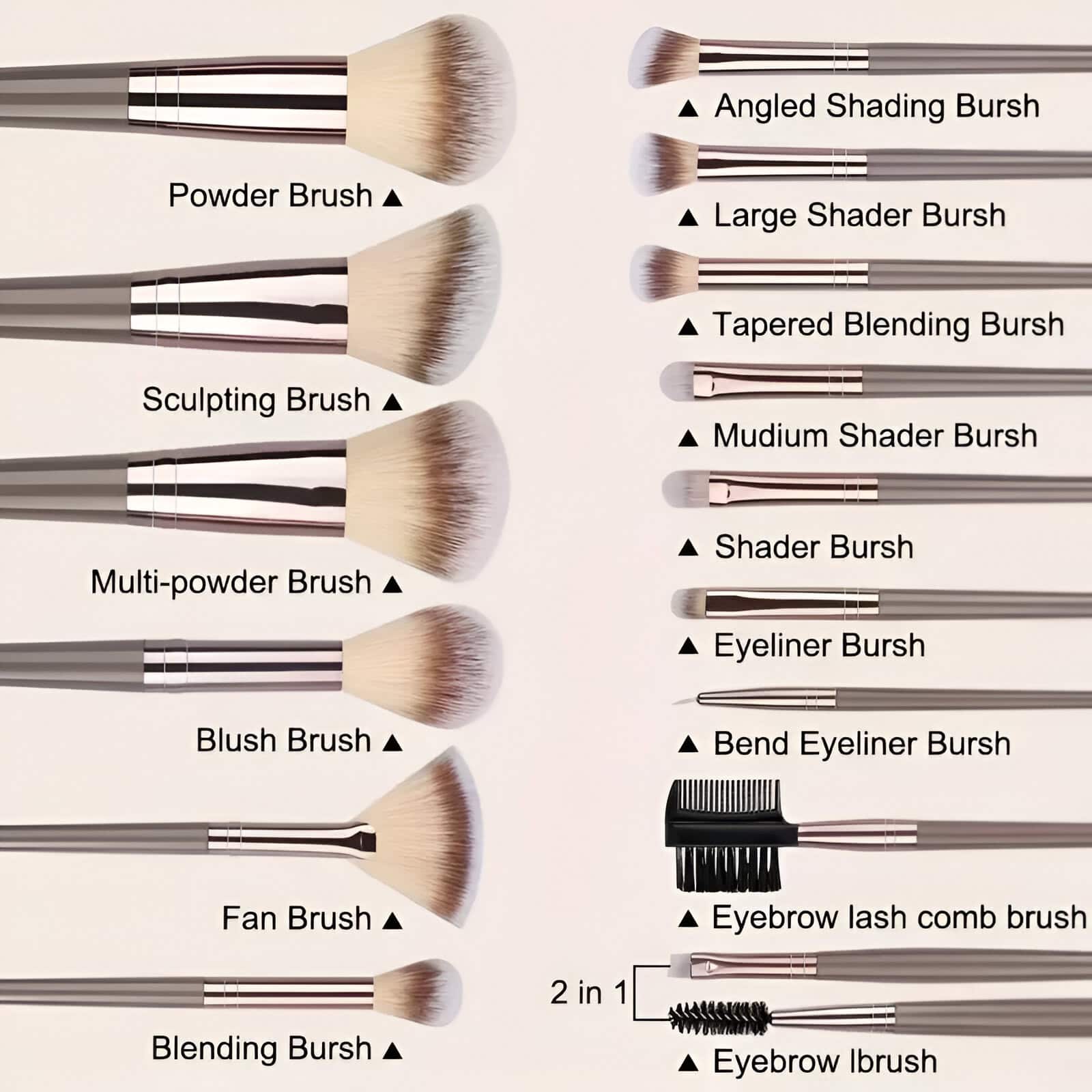 Powder and makeup brushes set for eyelash and eyebrow makeup, including blush, blending, shading, and eyebrow grooming brushes, available at Monalisa Store for professional cosmetic applications.