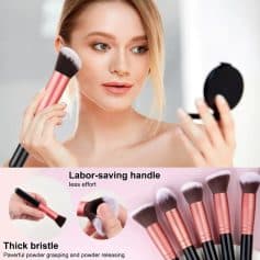 Brush makeup application tool, woman applying makeup with cosmetic brushes, female beauty routine, professional makeup brushes for face and eyes, elegant makeup tools from Monalisa Store.