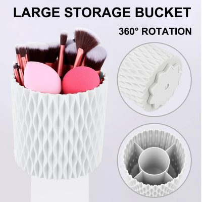 Bold makeup brush holder with 360° rotation and large storage bucket, perfect for organizing cosmetics and brushes efficiently.