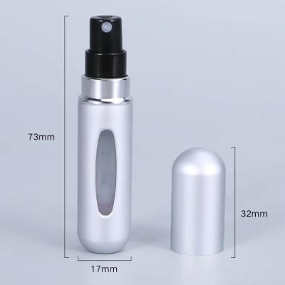 Portable facial mist spray bottle with spray nozzle for skincare; compact, travel-friendly design, 73mm tall, 17mm wide, leak-proof aluminum container for cosmetic and beauty use.