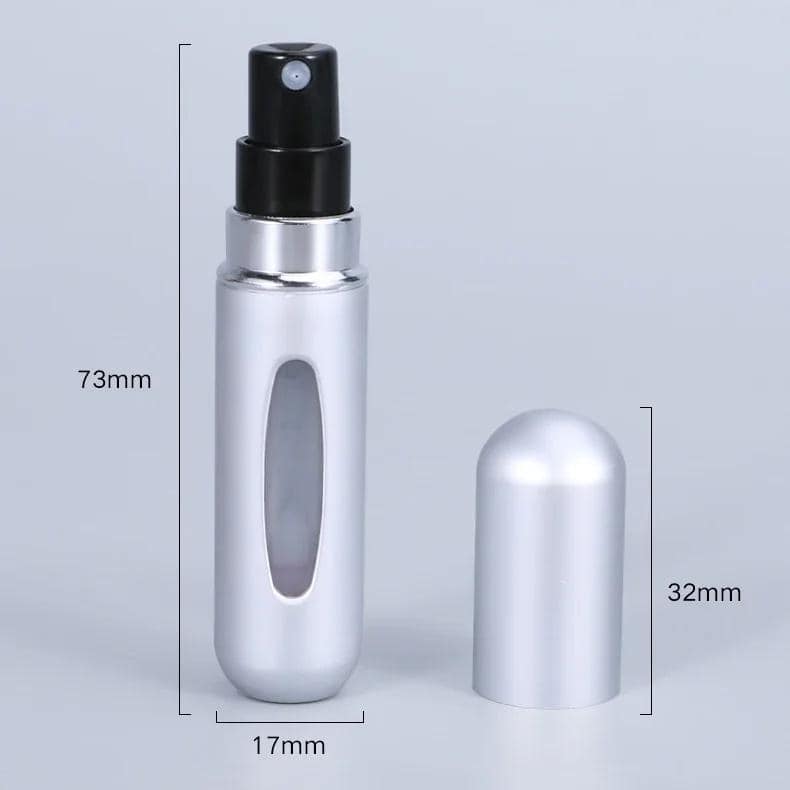 Portable facial mist spray bottle with spray nozzle for skincare; compact, travel-friendly design, 73mm tall, 17mm wide, leak-proof aluminum container for cosmetic and beauty use.