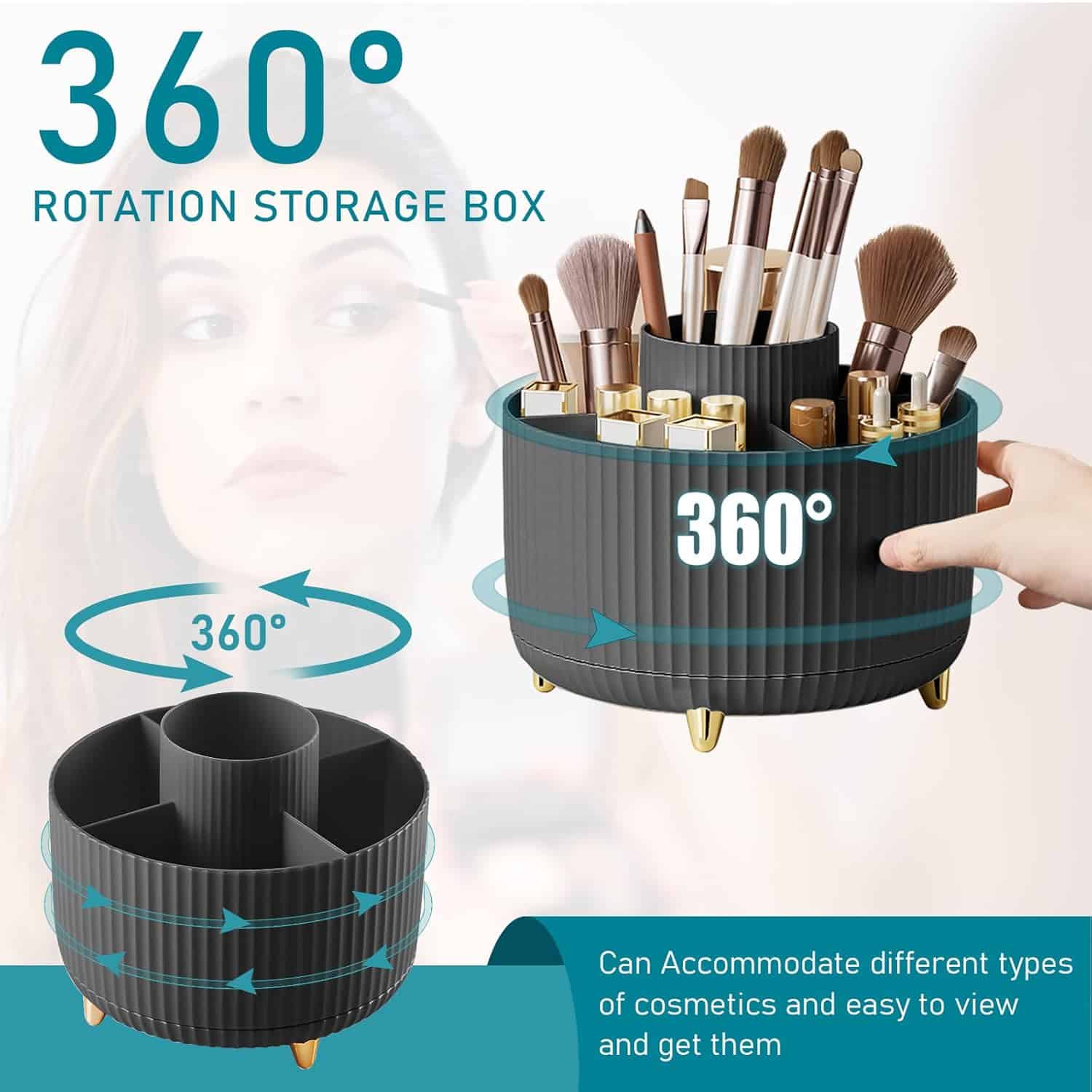360-degree rotating cosmetic storage box for makeup, brushes, and beauty products - ideal for organizing skincare, makeup, and accessories at Monalisa Store.
