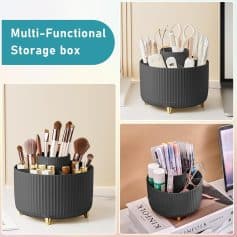 Multi-functional storage box, cosmetic organizer, makeup brush holder, desktop storage container, black ribbed design, versatile makeup accessories storage, Monalisa Store opt.