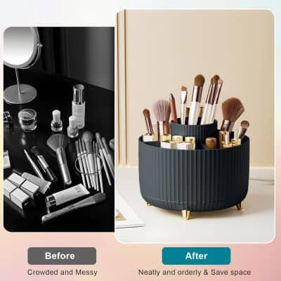 Optical store organization, makeup brushes, beauty tools, makeup storage, beauty space decluttering, cosmetic accessories, beauty product display, modern cosmetic organization, professional makeup kit, beauty desk setup.