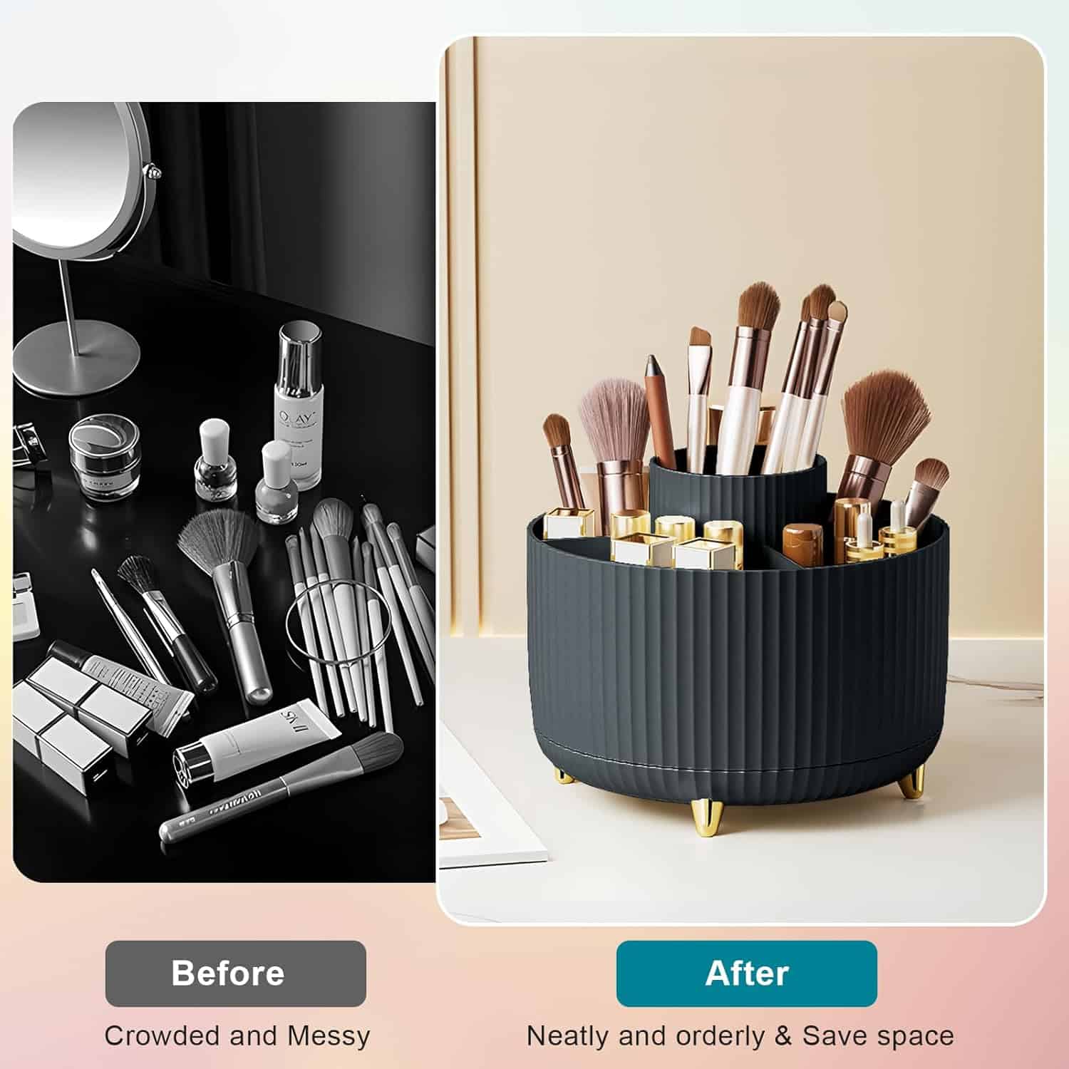 Optical store organization, makeup brushes, beauty tools, makeup storage, beauty space decluttering, cosmetic accessories, beauty product display, modern cosmetic organization, professional makeup kit, beauty desk setup.