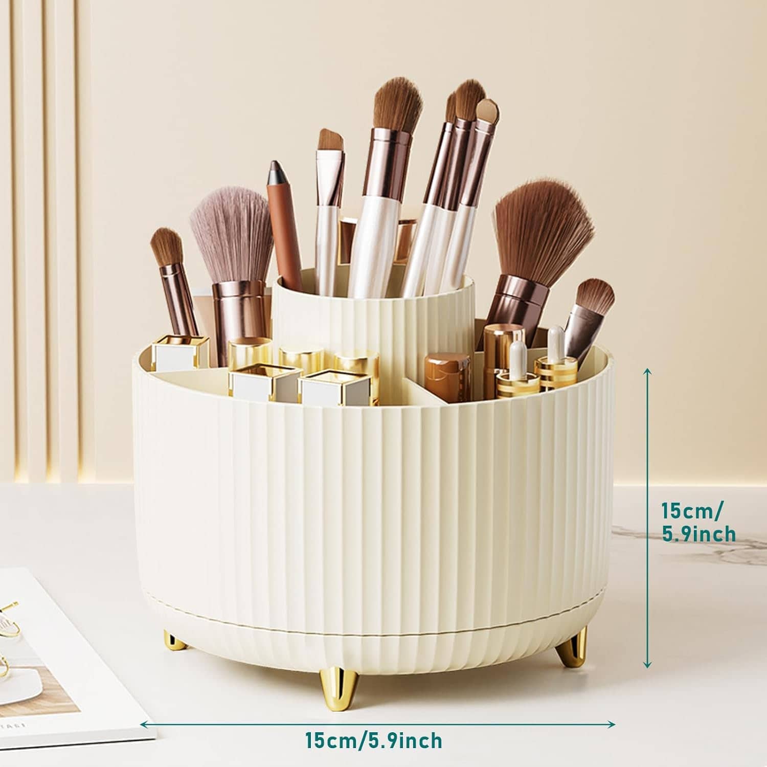 Elegant makeup brush and cosmetic organizer with gold accents for beauty and skincare storage, ideal for vanity and dressing table organization.