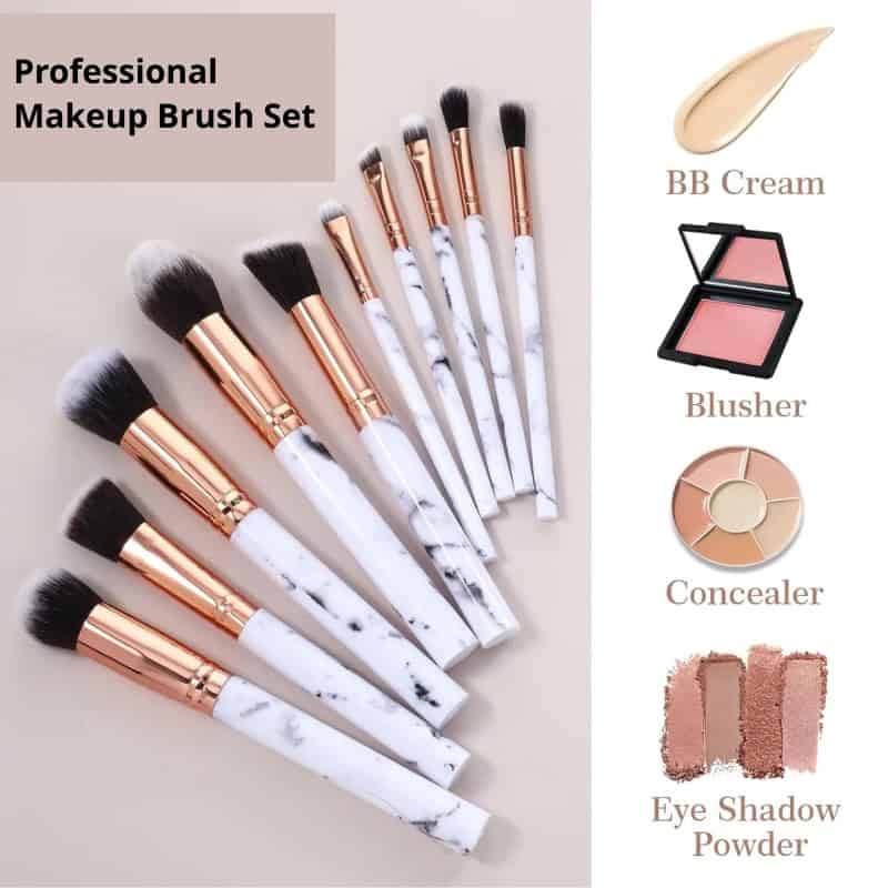 Brush set with marble handles for professional makeup application, including blush, concealer, and eye shadow brushes. Perfect for achieving flawless makeup looks with high-quality tools.