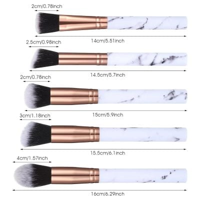 Soft makeup brush set with marble handles, perfect for applying foundation, blush, and powder, featuring rose gold ferrules for a stylish touch.