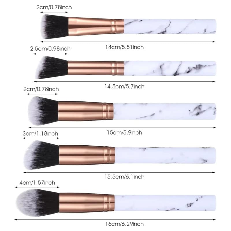 Soft makeup brush set with marble handles, perfect for applying foundation, blush, and powder, featuring rose gold ferrules for a stylish touch.