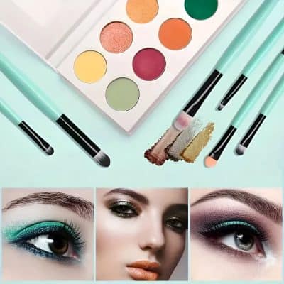 Vibrant eyeshadow palette with colorful shades and blending brushes, perfect for eye makeup looks.