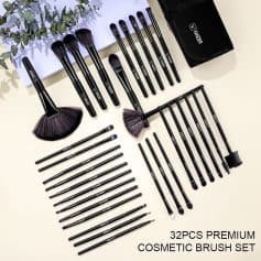 High-quality 32-piece premium cosmetic brush set for makeup application, including foundation, eyeshadow, blush, and more, with black handles and soft bristles, perfect for beauty enthusiasts.