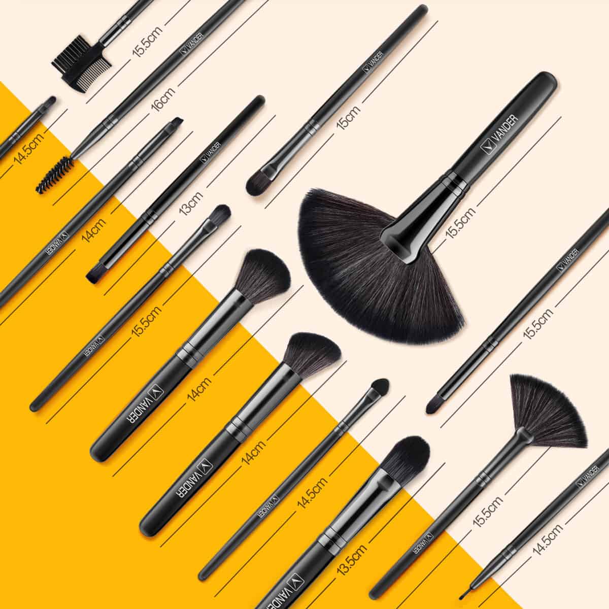 Elegant black makeup brushes collection featuring various sizes and styles, ideal for professional and personal cosmetic application, showcased on a split-colored background.