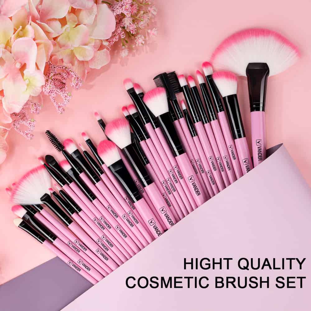 Vander cosmetic brush set, high-quality makeup brushes with pink handles and various brush types, perfect for professional and daily beauty routines.