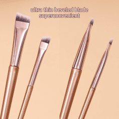 Fine detail close-up of various makeup brushes with ultra-thin beveled blades, perfect for precise application. Suitable for professional makeup artists and individuals seeking high-quality beauty tools.