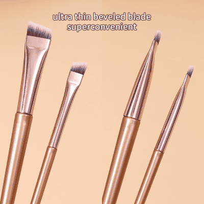 Fine detail close-up of various makeup brushes with ultra-thin beveled blades, perfect for precise application. Suitable for professional makeup artists and individuals seeking high-quality beauty tools.