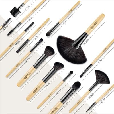 Precision makeup brush set with natural wood handles and soft synthetic bristles, ideal for professional cosmetics application and skincare routines.