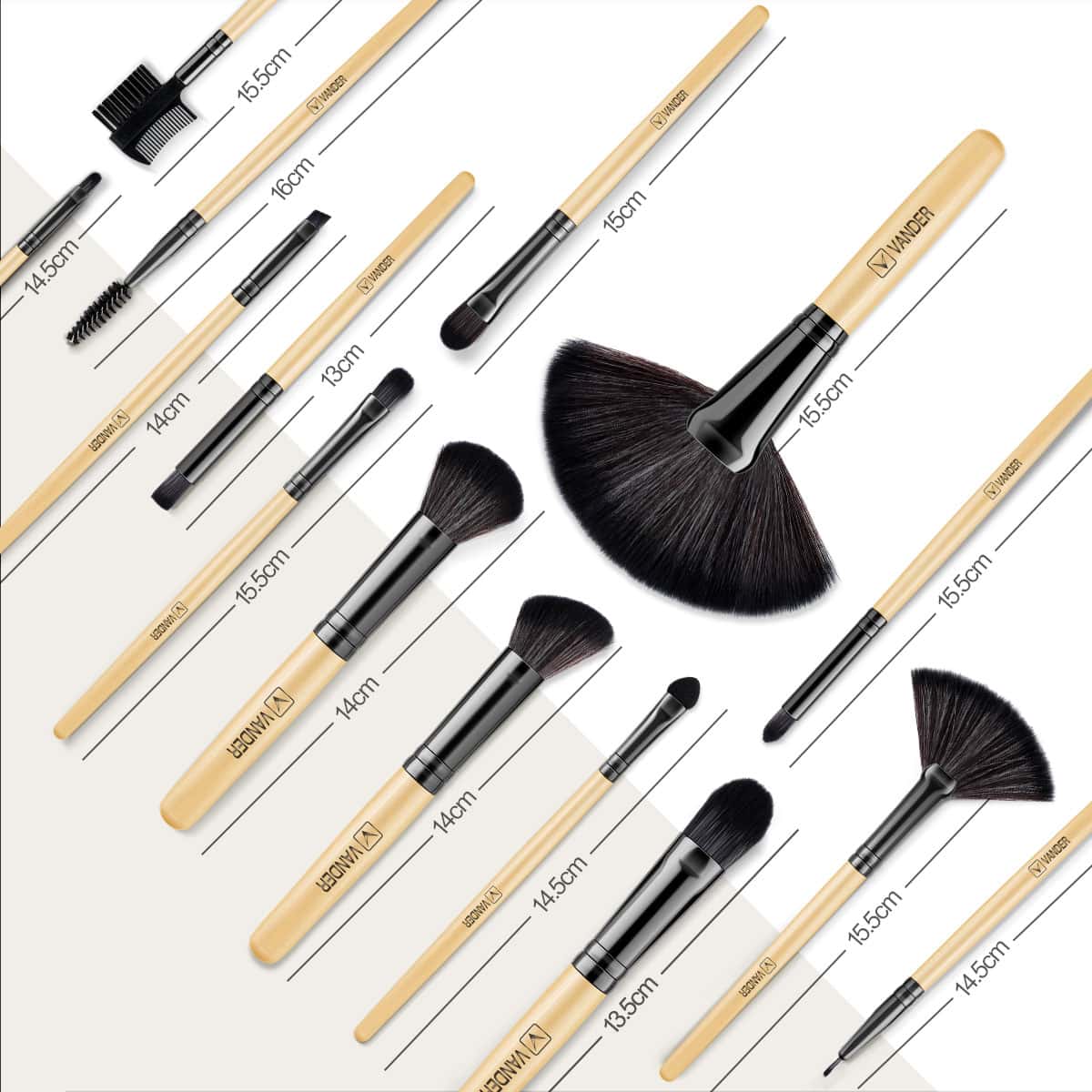 Precision makeup brush set with natural wood handles and soft synthetic bristles, ideal for professional cosmetics application and skincare routines.