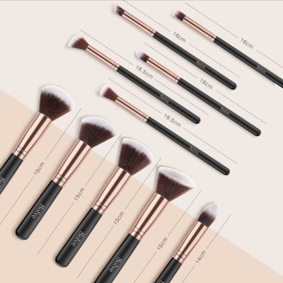 Versatile set of cosmetic makeup brushes with black handles and rose gold accents, ranging from 14cm to 16.5cm, ideal for professional and personal beauty application, featured on Monalisa Medical Store.