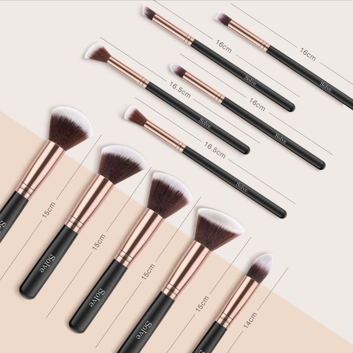 Versatile set of cosmetic makeup brushes with black handles and rose gold accents, ranging from 14cm to 16.5cm, ideal for professional and personal beauty application, featured on Monalisa Medical Store.