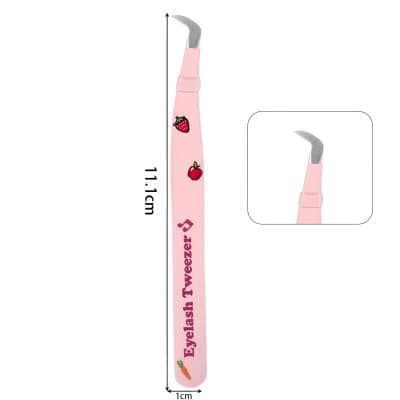 Bright pink eyelash tweezer with strawberry, apple, and carrot designs, and