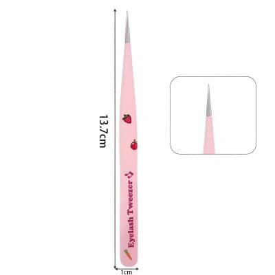 Pink eyelash tweezer with strawberry and cherry graphics, 13.7 cm long, ideal for precise eyelash extension application and beauty tools. Perfect for cosmetic professionals and makeup enthusiasts.